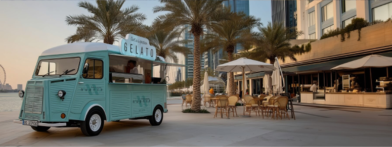 NUANCE gelato truck parked on a palm-lined Dubai promenade