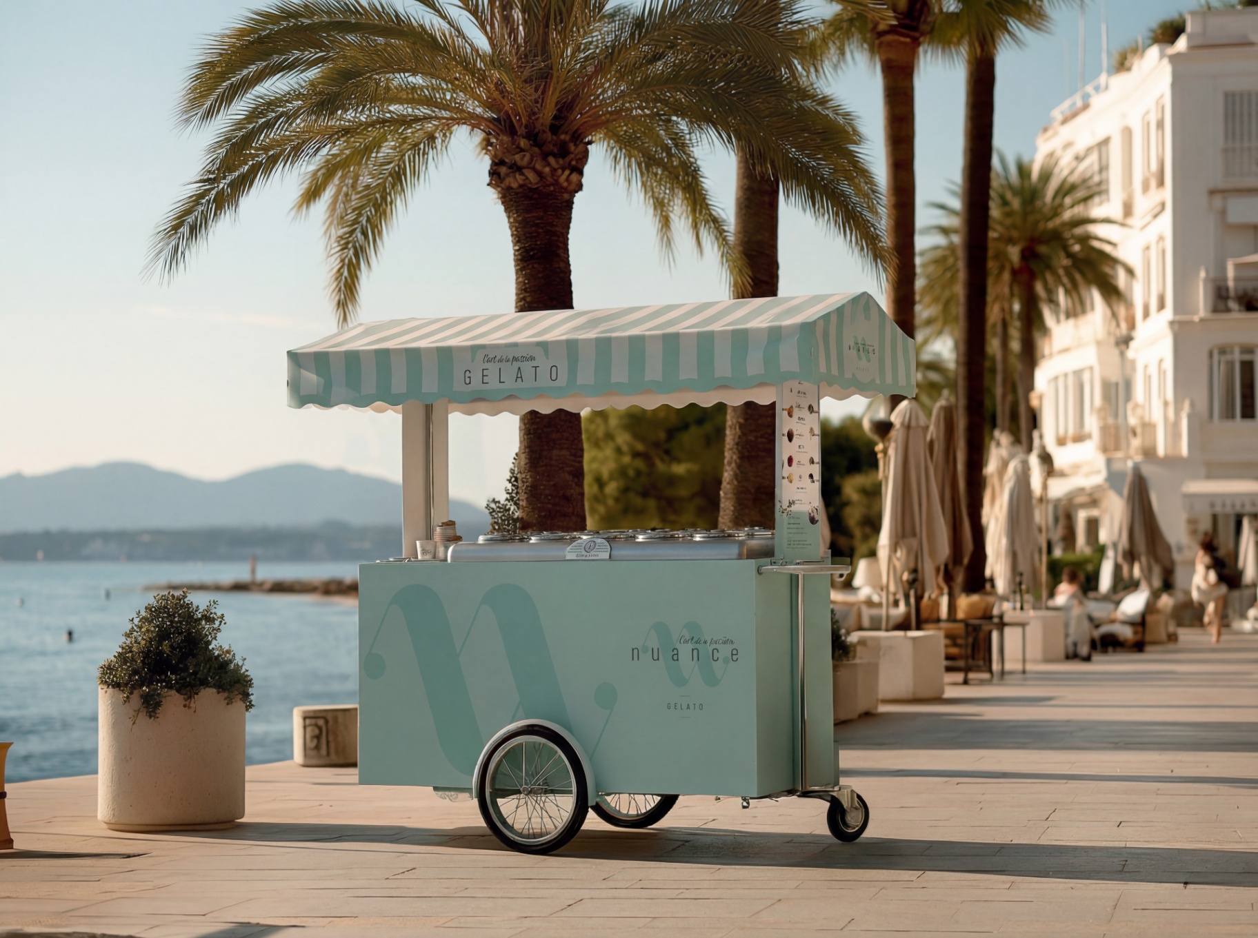 NUANCE gelato trolley — Palm-lined boulevard