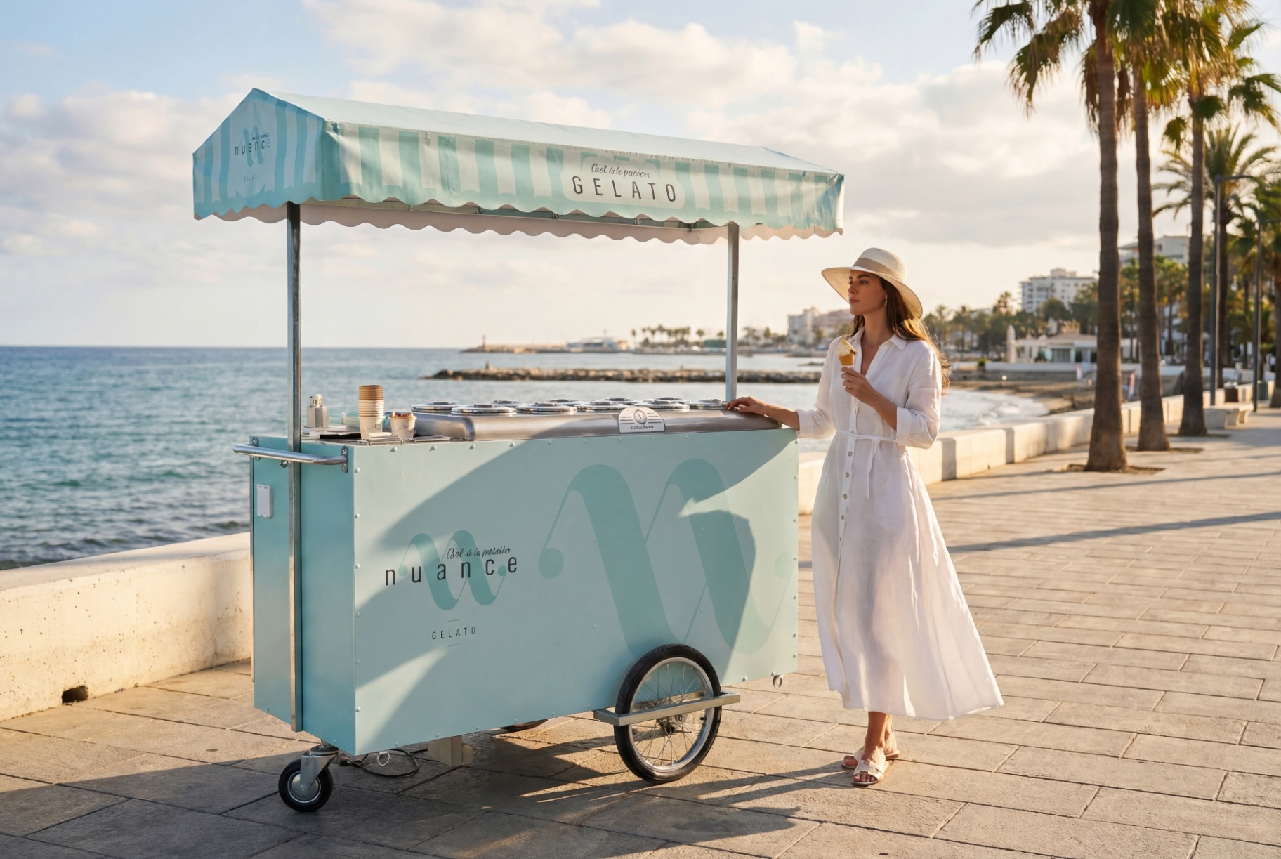 A woman in white beside the NUANCE branded gelato trolley on a Mediterranean promenade