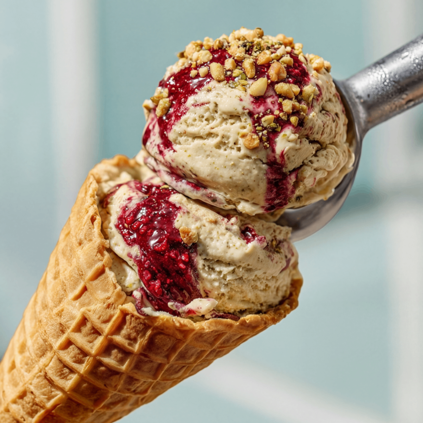 A NUANCE pistachio scoop with berry ripple in a waffle cone