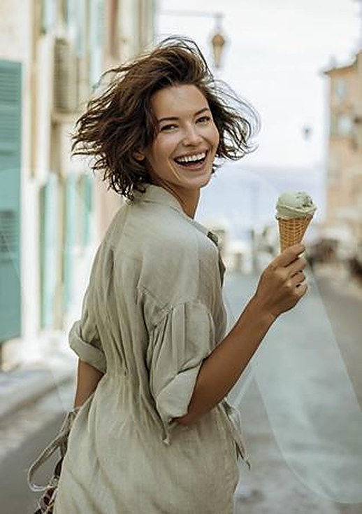 A NUANCE stracciatella gelato cone held up on a sunny street